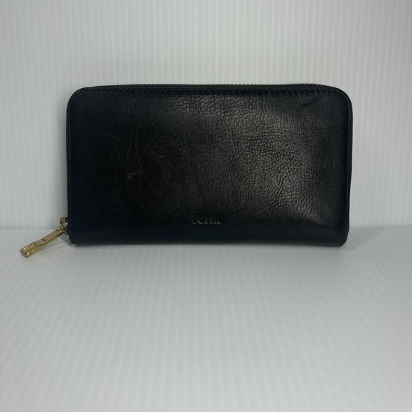 Fossil Wallet Leather Classic Black Zip Up Storage Purse Organization Travel - Picture 1 of 5